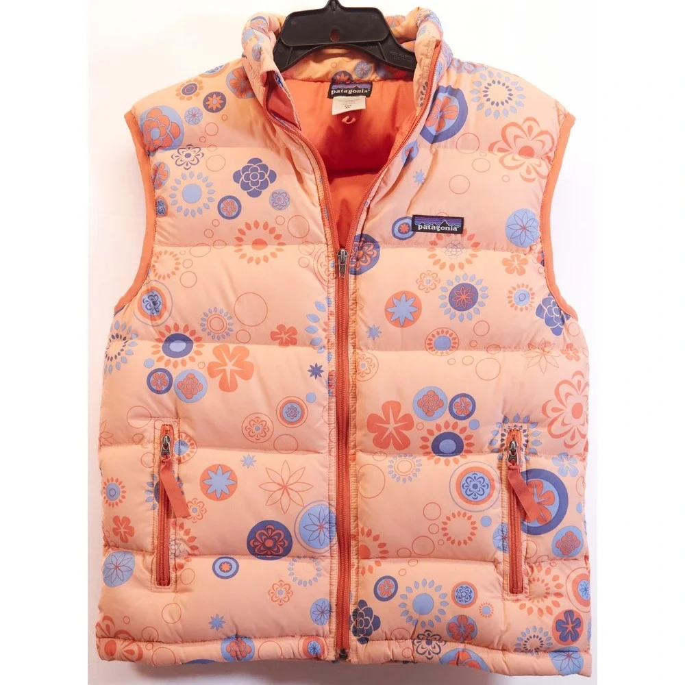 Patagonia Vest Girls XL Goose Down Puffer Flowers Print Orange‎ Floral Full Zip